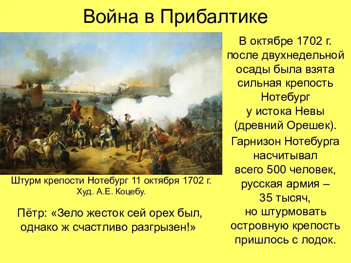 Война в Прибалтике В октябре 1702 г. после двухнедельной осады