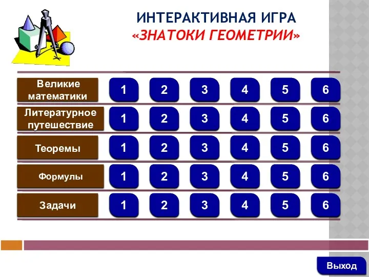 Интерактивная игра «ЗНАТОКИ ГЕОМЕТРИИ» Великие математики Литературное путешествие Теоремы Формулы Задачи 1 2