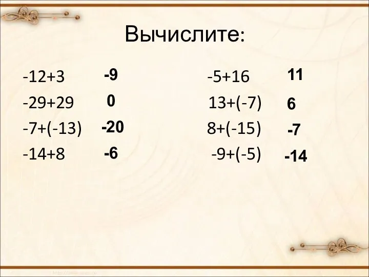 Вычислите: -12+3 -5+16 -29+29 13+(-7) -7+(-13) 8+(-15) -14+8 -9+(-5) -9