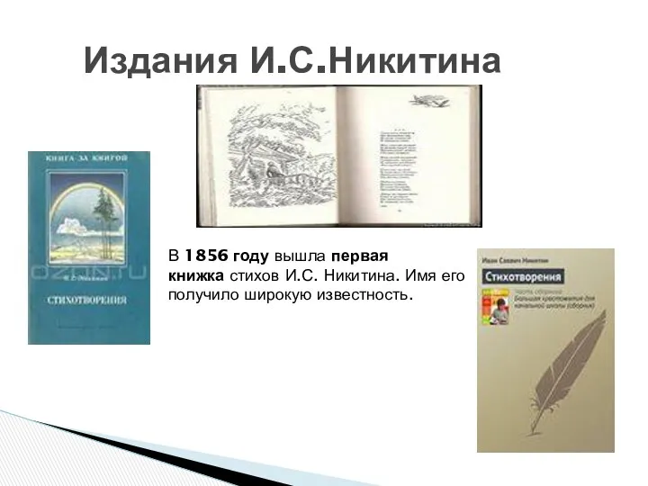 Издания И.С.Никитина В 1856 году вышла первая книжка стихов И.С. Никитина. Имя его получило широкую известность.