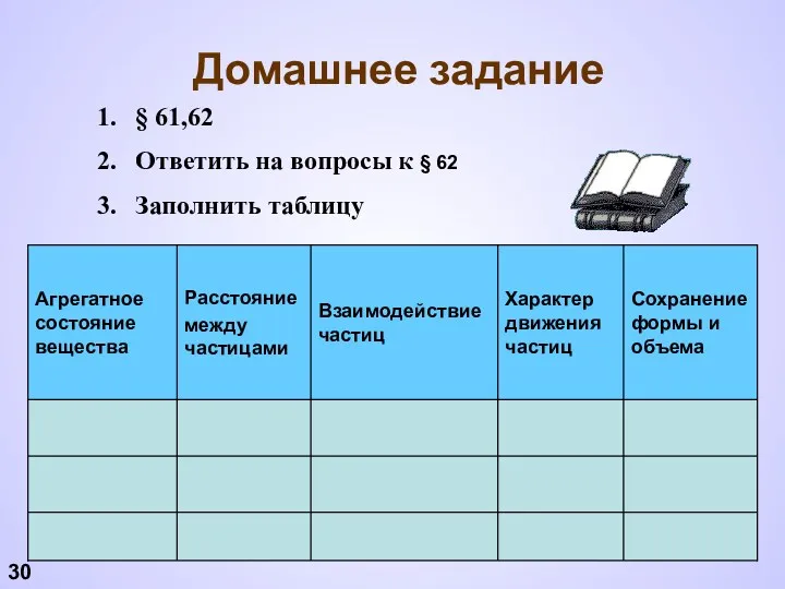 Домашнее задание § 61,62 Ответить на вопросы к § 62 Заполнить таблицу 30