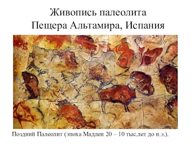 Живопись палеолита Пещера Альтамира, Испания Поздний Палеолит (эпоха Мадлен 20 – 10 тыс.лет до н.э.).