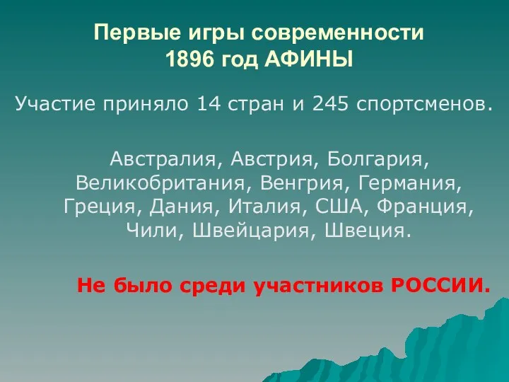 Первые игры современности 1896 год АФИНЫ Участие приняло 14 стран