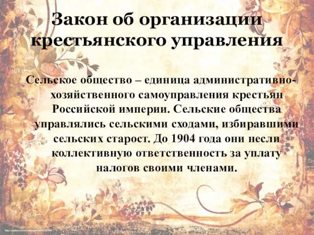 Закон об организации крестьянского управления Сельское общество – единица административно-