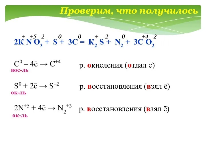 Проверим, что получилось 2К N O3 + S + 3C