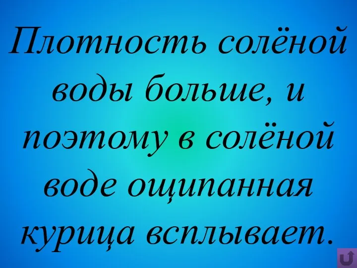 Плотность солёной воды больше, и поэтому в солёной воде ощипанная курица всплывает.