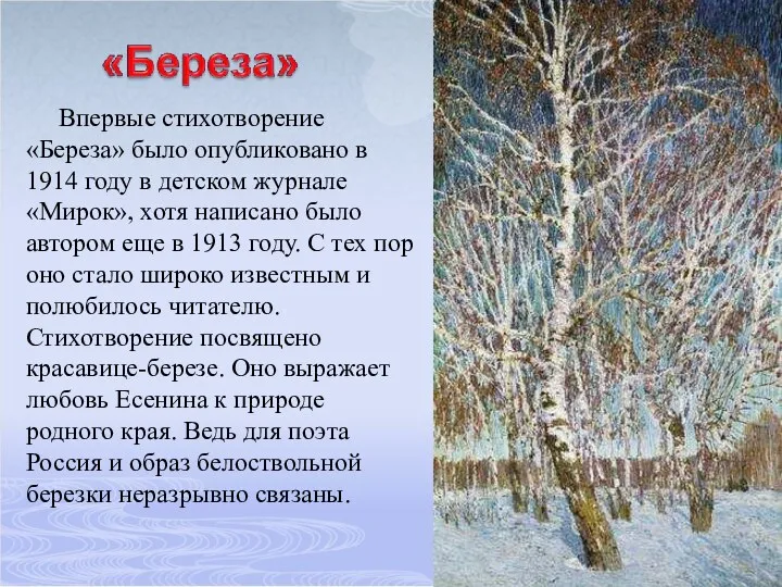 Впервые стихотворение «Береза» было опубликовано в 1914 году в детском