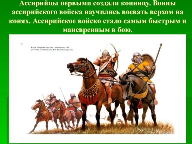 Ассирийцы первыми создали конницу. Воины ассирийского войска научились воевать верхом