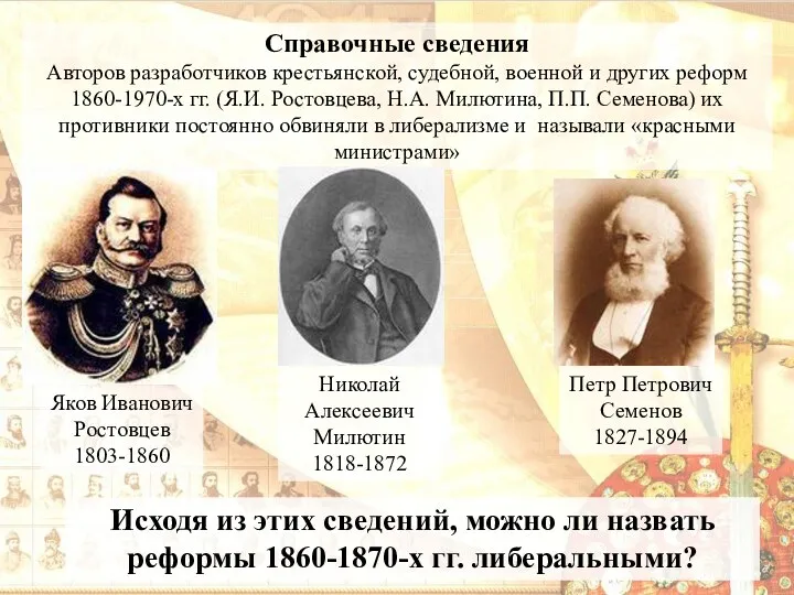 Справочные сведения Авторов разработчиков крестьянской, судебной, военной и других реформ