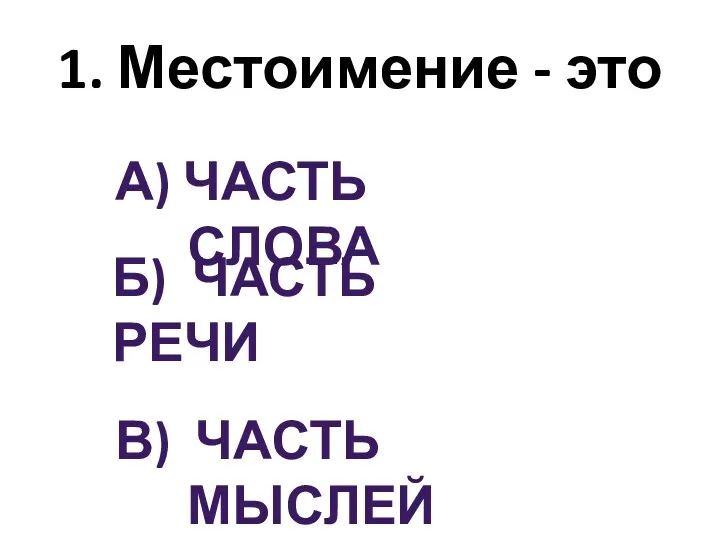 1. Местоимение - это А) ЧАСТЬ СЛОВА В) ЧАСТЬ МЫСЛЕЙ Б) ЧАСТЬ РЕЧИ