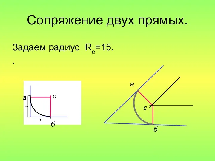 Задаем радиус Rс=15. . Сопряжение двух прямых. а б а б с с