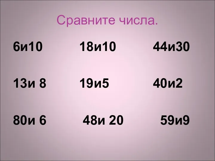 Сравните числа. 6и10 18и10 44и30 13и 8 19и5 40и2 80и 6 48и 20 59и9