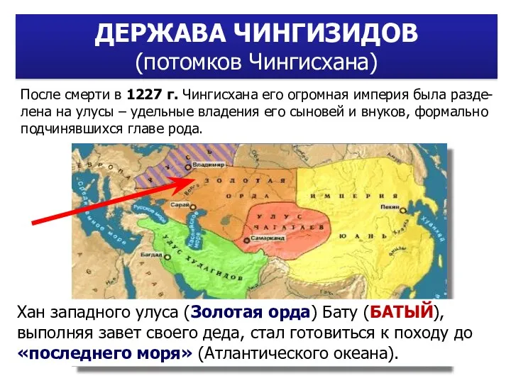 После смерти в 1227 г. Чингисхана его огромная империя была