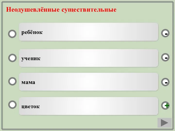 Неодушевлённые существительные цветок ученик мама ребёнок - - + -