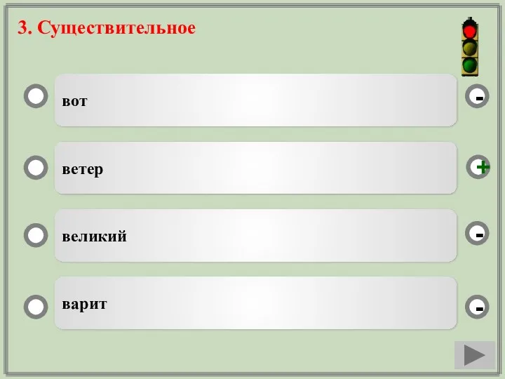 3. Существительное вот ветер великий варит - - + -