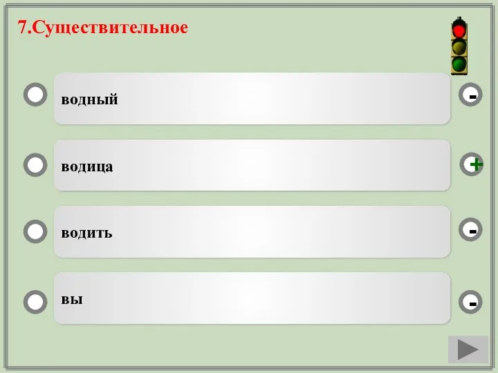 7.Существительное водный водица водить вы - - + -