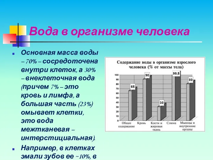 Вода в организме человека Основная масса воды – 70% –