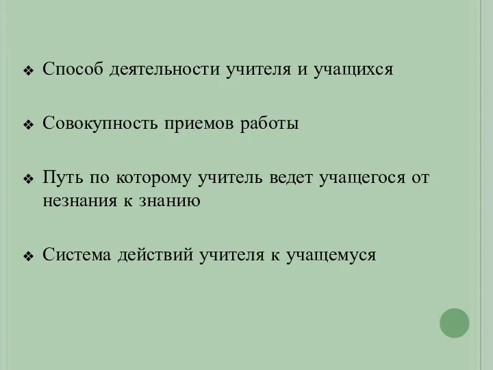 Способ деятельности учителя и учащихся Совокупность приемов работы Путь по