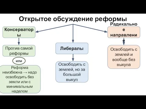 Открытое обсуждение реформы Консерваторы Либералы Радикальное направление Против самой реформы