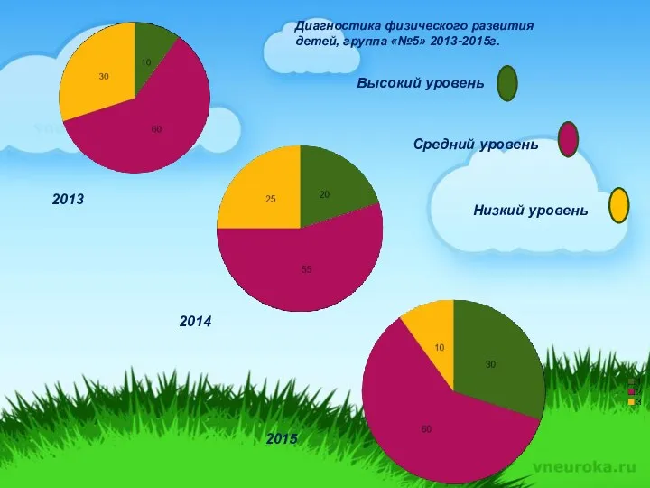 Высокий уровень Средний уровень Низкий уровень Диагностика физического развития детей, группа «№5» 2013-2015г. 2013 2014 2015