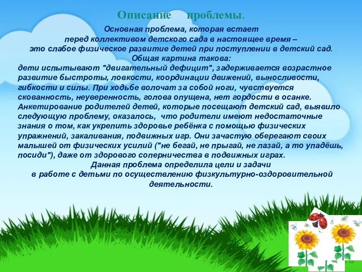 Описание проблемы. Основная проблема, которая встает перед коллективом детского сада в настоящее время