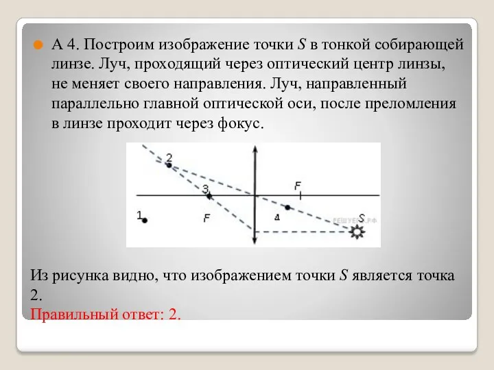 Из рисунка видно, что изображением точки S является точка 2.