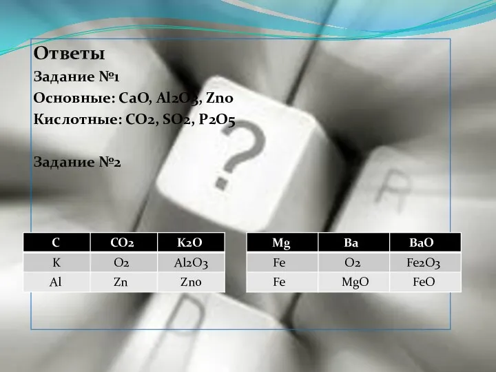 Ответы Задание №1 Основные: CaO, Al2O3, Zno Кислотные: CO2, SO2, P2O5 Задание №2