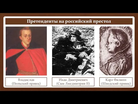 Претенденты на российский престол Владислав (Польский принц) Карл Филипп (Шведский принц) Иван Дмитриевич (Сын Лжедмитрия II)