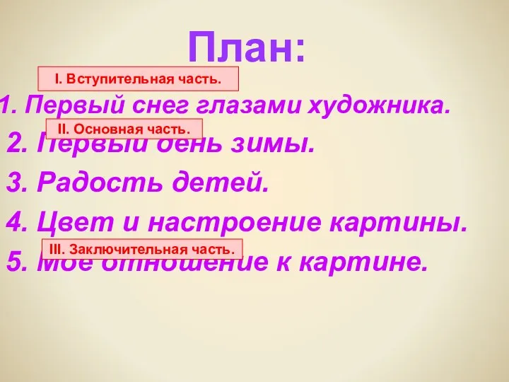 План: Первый снег глазами художника. 2. Первый день зимы. 3. Радость детей. 4.