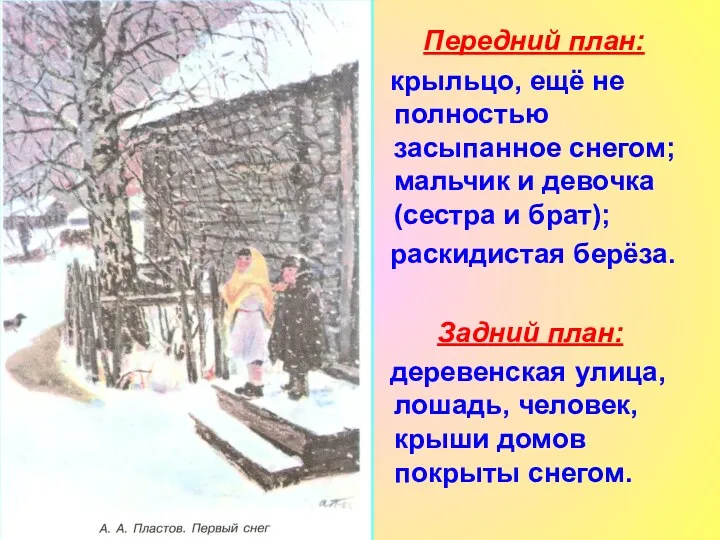 Передний план: крыльцо, ещё не полностью засыпанное снегом; мальчик и девочка (сестра и