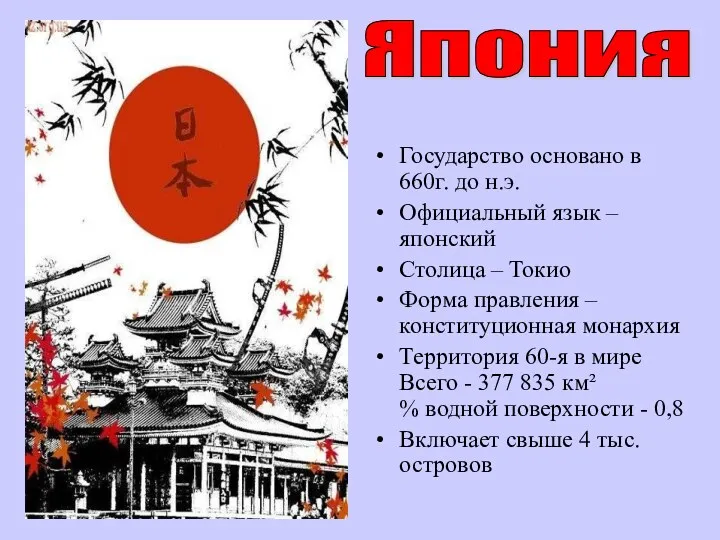 Государство основано в 660г. до н.э. Официальный язык – японский Столица – Токио