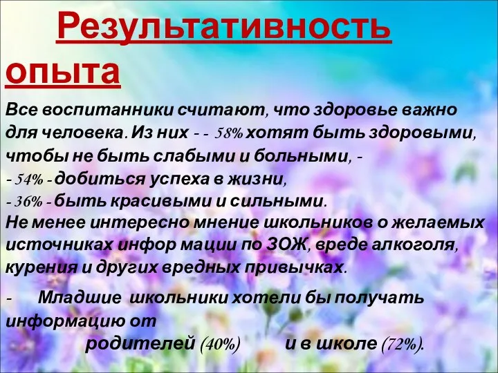 Результативность опыта Все воспитанники считают, что здоровье важно для человека.