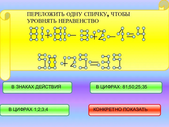 ПЕРЕЛОЖИТЬ ОДНУ СПИЧКУ, ЧТОБЫ УРОВНЯТЬ НЕРАВЕНСТВО В ЦИФРАХ 1;2;3;4 В ЗНАКАХ ДЕЙСТВИЯ В