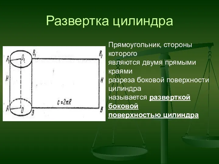 Развертка цилиндра Прямоугольник, стороны которого являются двумя прямыми краями разреза