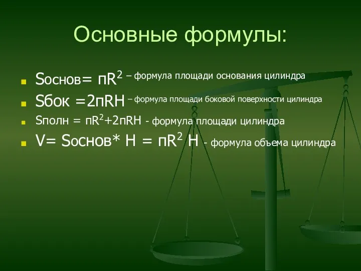 Основные формулы: Sоснов= пR2 – формула площади основания цилиндра Sбок