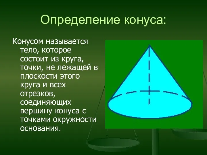 Определение конуса: Конусом называется тело, которое состоит из круга, точки,