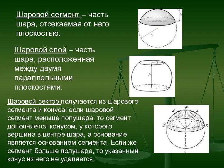 Шаровой сегмент – часть шара, отсекаемая от него плоскостью. Шаровой