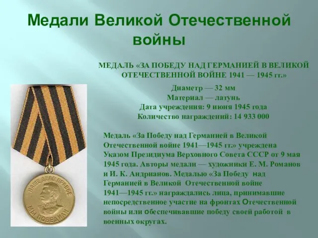 Медали Великой Отечественной войны Диаметр — 32 мм Материал —