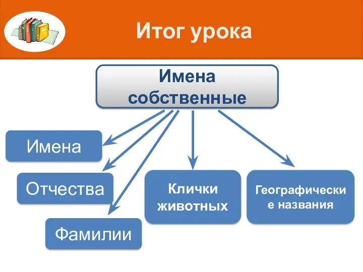 Имена собственные Имена Отчества Фамилии Клички животных Географические названия Итог урока