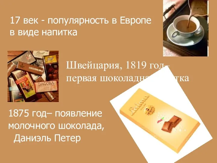 17 век - популярность в Европе в виде напитка Швейцария, 1819 год– первая