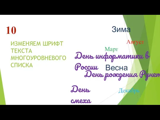 ИЗМЕНЯЕМ ШРИФТ ТЕКСТА многоуровневого СПИСКА 10 Зима Декабрь День информатики