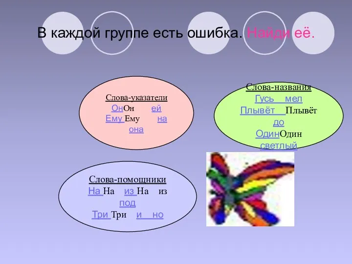 В каждой группе есть ошибка. Найди её. Слова-указатели ОнОн ей