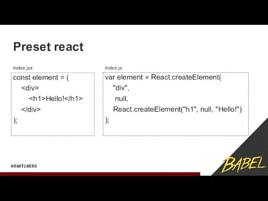 Preset react const element = ( Hello! ); index.jsx index.js