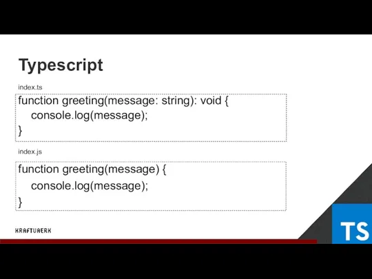 Typescript function greeting(message: string): void { console.log(message); } index.ts index.js function greeting(message) { console.log(message); }
