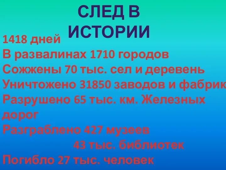 След в истории 1418 дней В развалинах 1710 городов Сожжены