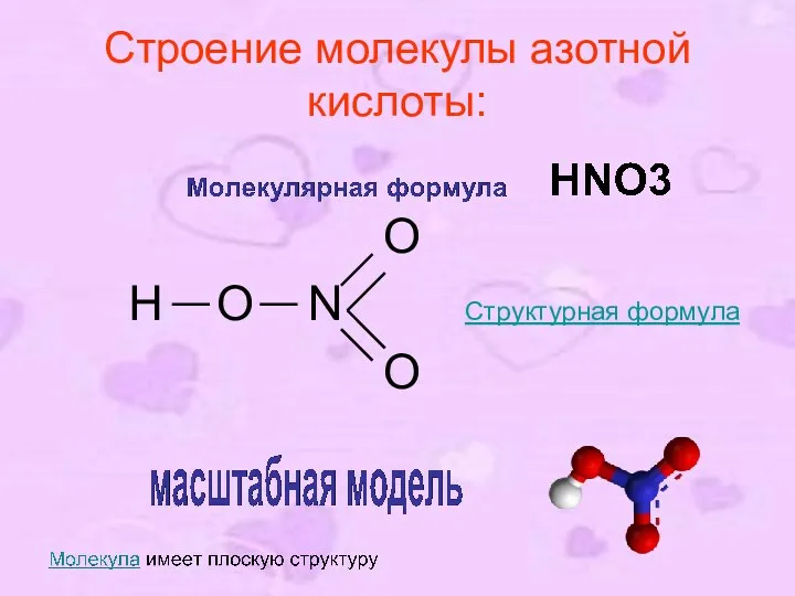 O H O N Структурная формула O Строение молекулы азотной кислоты: