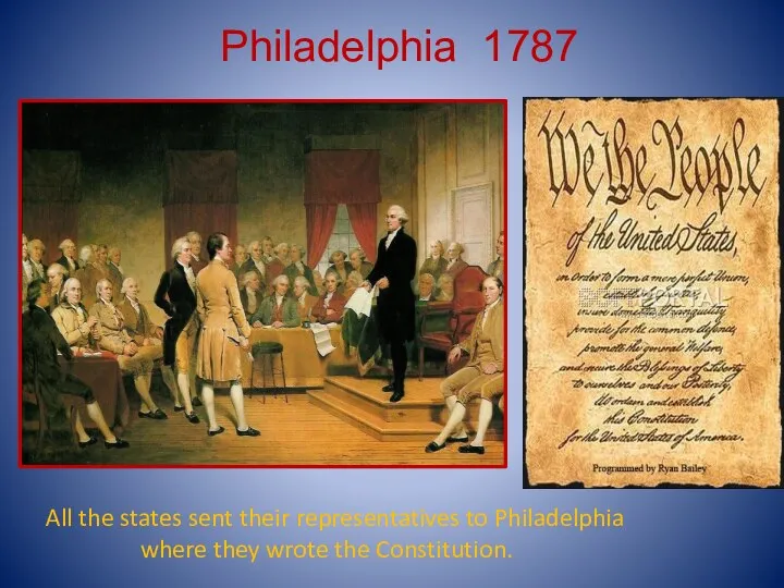Philadelphia 1787 All the states sent their representatives to Philadelphia where they wrote the Constitution.