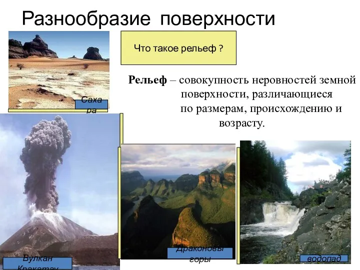 Разнообразие поверхности Что такое рельеф ? Рельеф – совокупность неровностей