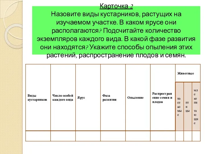 Карточка 2 Назовите виды кустарников, растущих на изучаемом участке. В