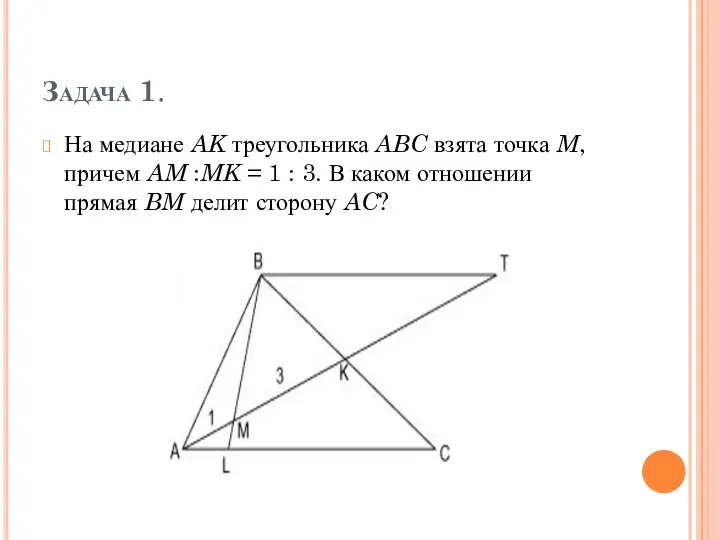 Задача 1. На медиане AK треугольника ABC взята точка M,